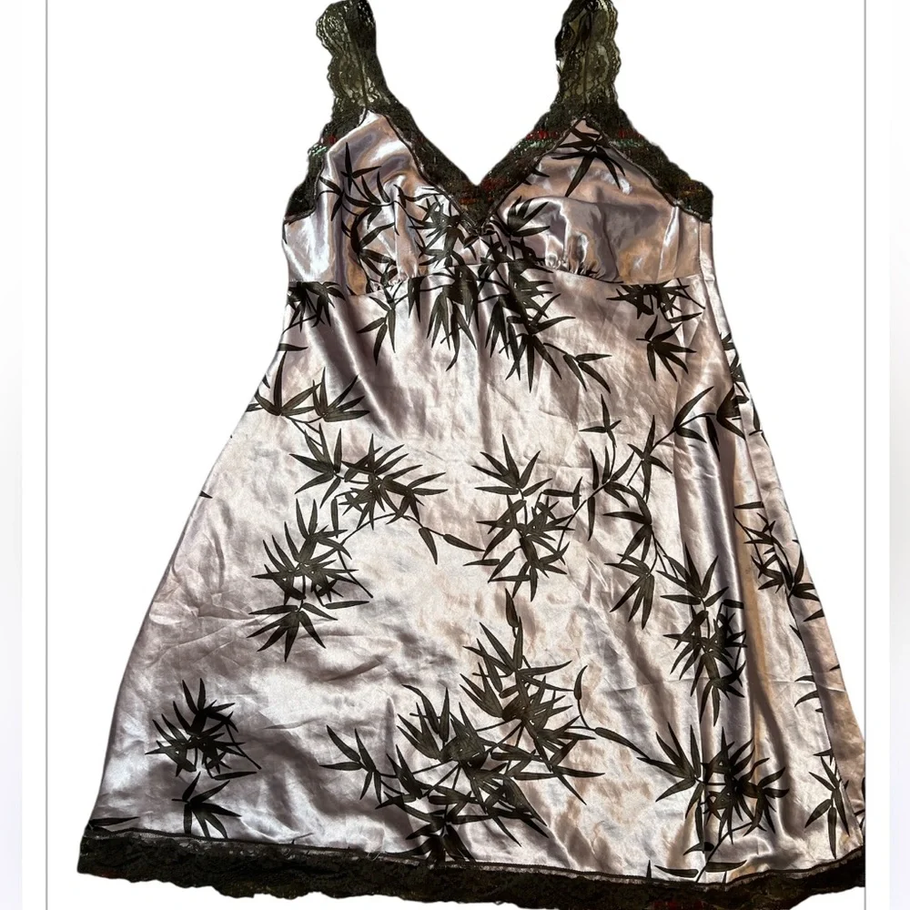 Gilligan & O’Malley‎ Black Bamboo Print Satin Chemise Slip Dress Size L